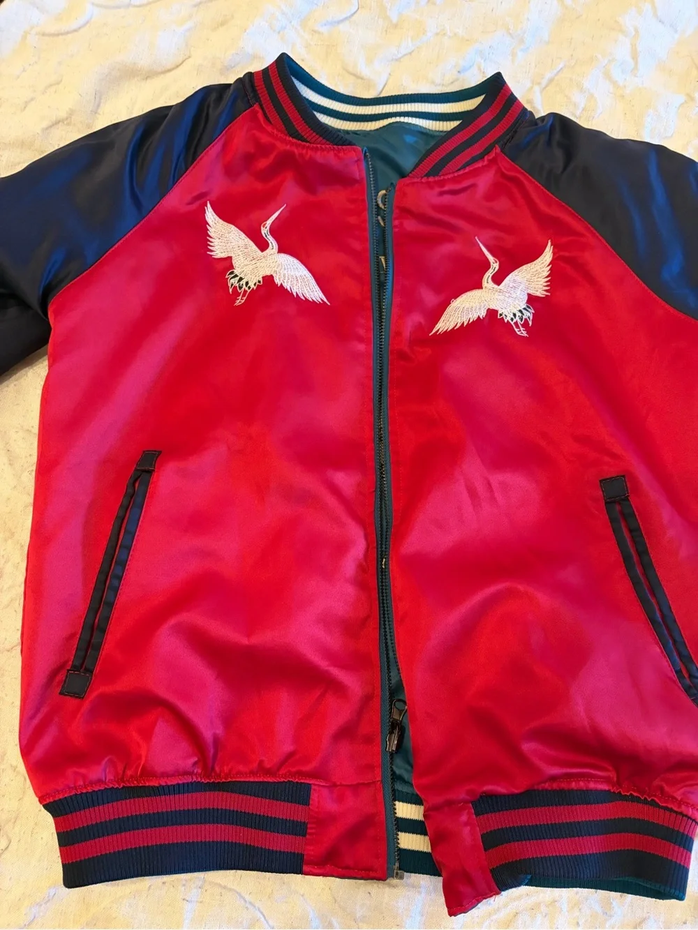 Unisex Reversible Sukajan / Satin Bomber Jacket.- Teal and Cream /Red and Navy